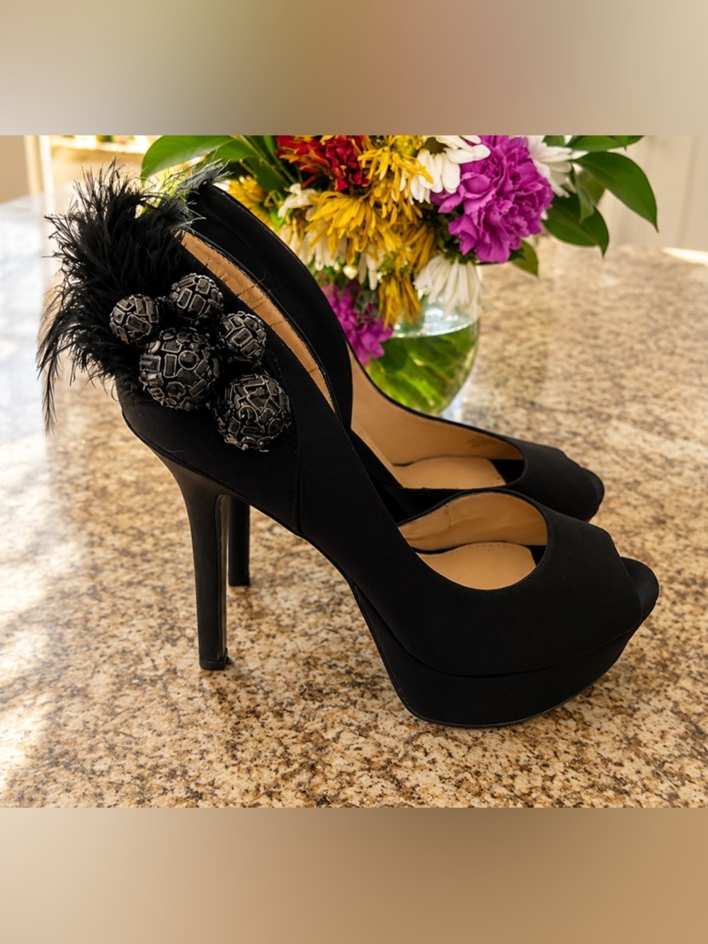 Gianni Bini Black Satin Feather & Beaded Peep Toe Heels | Size 6